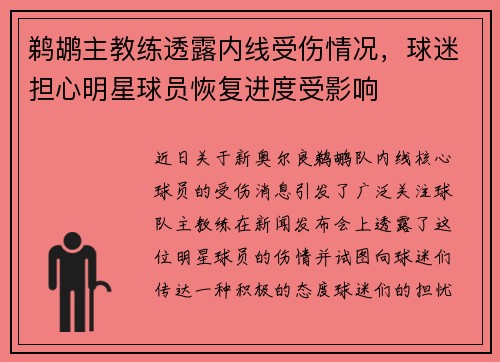 鹈鹕主教练透露内线受伤情况，球迷担心明星球员恢复进度受影响