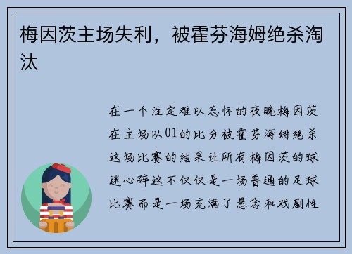 梅因茨主场失利，被霍芬海姆绝杀淘汰