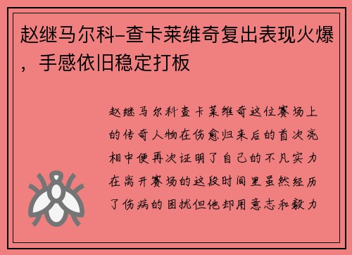 赵继马尔科-查卡莱维奇复出表现火爆，手感依旧稳定打板